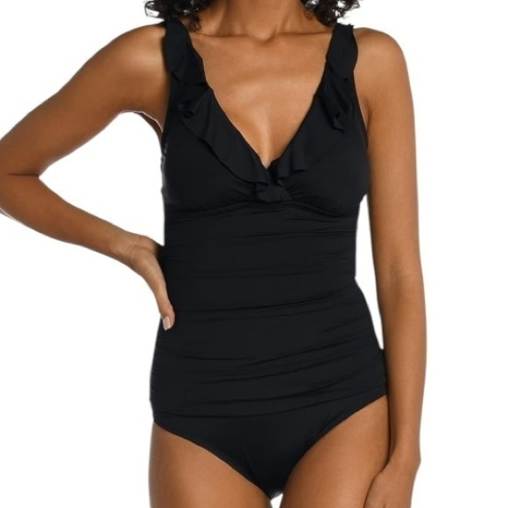 La Blanca Black Standard Island Goddess Ruffle One Piece Swimsuit Size 10 NWT